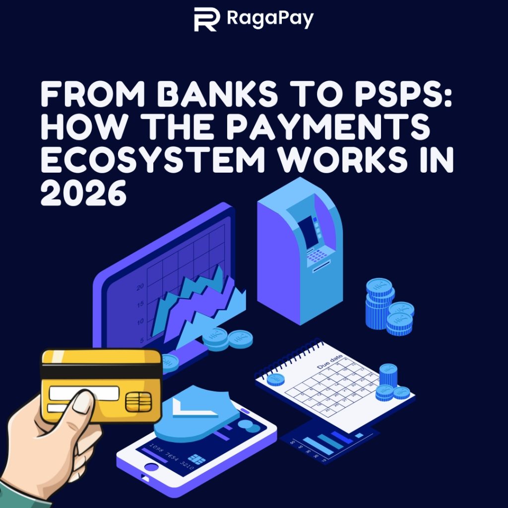 Illustration showing the payments ecosystem in 2026 with banks, PSPs, card payments, digital transactions, and financial growth analytics